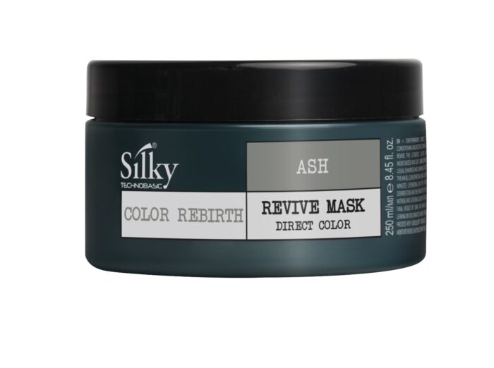 En grön burk märkt "SILKY REVIVE MASK DIRECT COLOR ASH 250ML" från Silky Sverige erbjuder direkt färgapplicering för livfull hårförvandling, perfekt för män. Innehåller 250 ml (8,45 fl. oz).