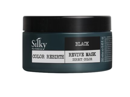 En svart burk med SILKY REVIVE MASK DIRECT COLOR BLACK 250ML är perfekt för kvinnor som önskar en djärv och livfull färgföryngring, designad för direkt applicering med en kapacitet på 8,45 fl. uns.