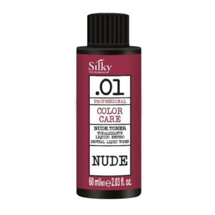 Bild av en vinröd flaska märkt "SILKY 01 NUDE TONER 60ML," designad för både män och kvinnor. Med en kapacitet på 60 ml (2,03 fl. oz.) har den vit och svart text, vilket framhäver dess mångsidighet som en professionell färgvårdande hårprodukt.