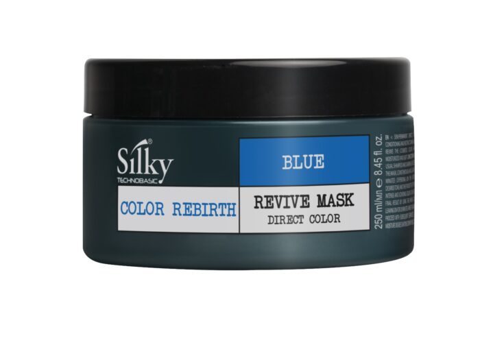 En 250 ml burk med SILKY REVIVE MASK DIRECT COLOR i blått från Silky Sverige har en mörk behållare med svart lock och vit etikett, perfekt för män som söker premium, livfulla hårprodukter.