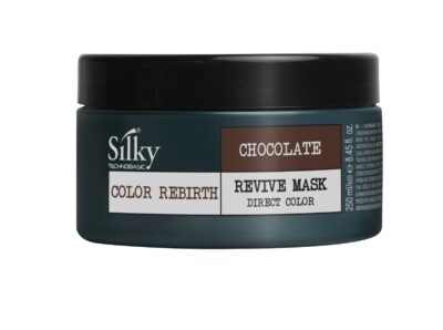 SILKY REVIVE MASK DIRECT COLOR CHOCOLATE 250ML, idealisk för män, kommer i en mörk burk med svart lock och har vit och brun text, vilket gör den till ett elegant komplement till din hårproduktkollektion.