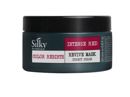 En 250 ml behållare med Silky Revive Mask Direct, märkt "Intense Red", är en mörkgrön premium hårprodukt för kvinnor designad för färgåterfödelse.