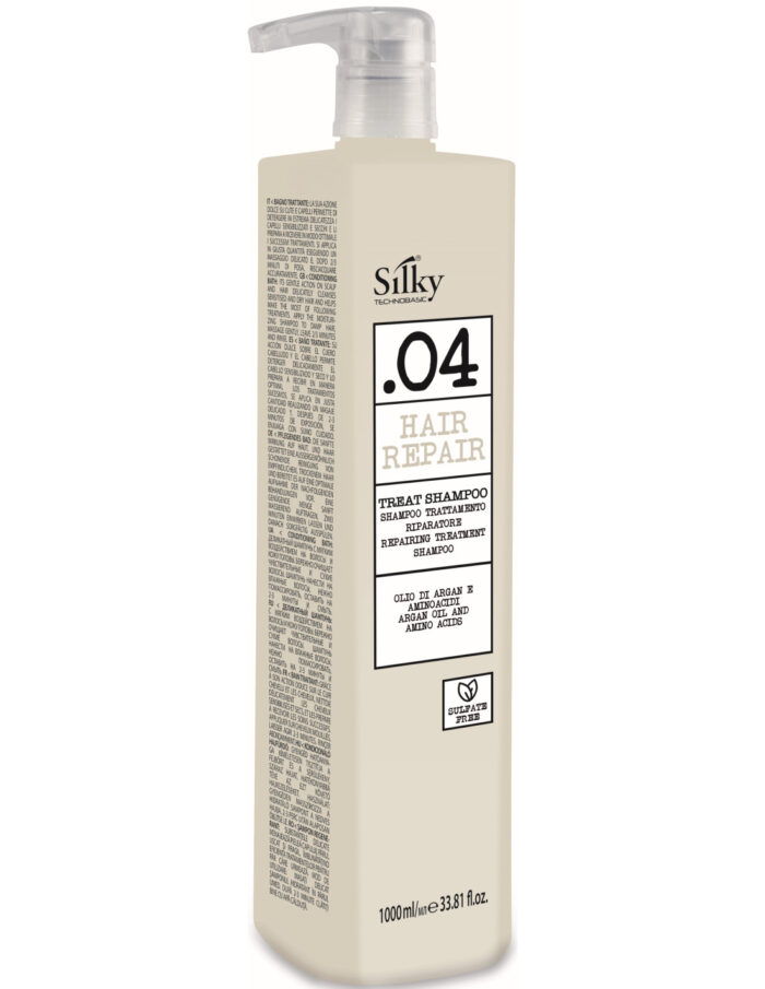 En beige Silky Sverige 04 Treat-schampoflaska med pumpdispenser har ".04 hårprodukter" i orange och flerspråkiga detaljer, som rymmer 1000 ml (33,81 fl. oz.) för en global hårvårdsupplevelse.