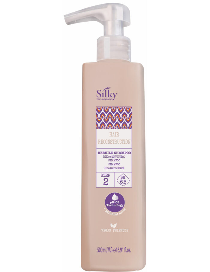 SILKY HAIR REBUILD SHAMPOO 500ML erbjuder en pH 6,5 balanserad, vegansk formel i en beige flaska med en geometrisk design och bekväm pump. Perfekt för hårproduktentusiaster i Sverige, det ger kvalitetsvård för män som letar efter effektivt schampo.