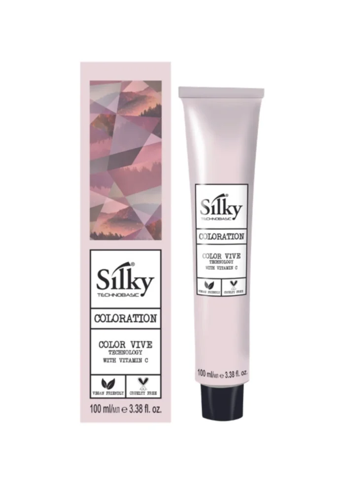 Tub av SILKY COLORATION CREAM 100ML med C-vitamin och geometriska förpackningar i rosa och lila. Idealisk för hårprodukter eller för man.